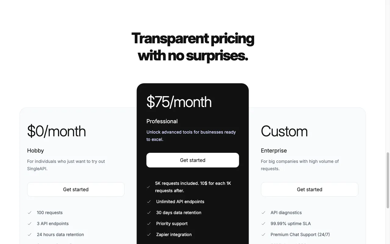 SingleAPI — pricing page