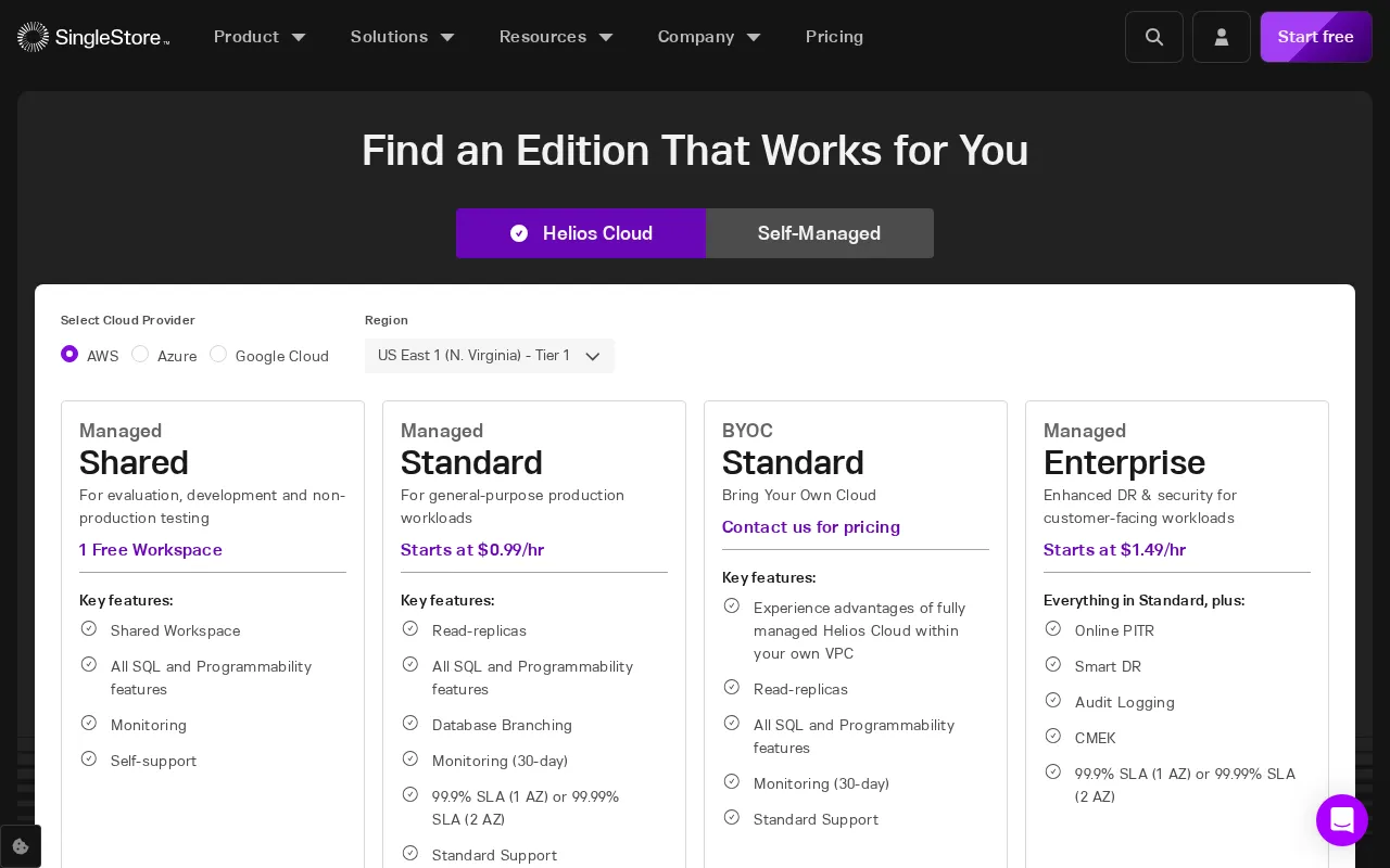 SingleStore — pricing page