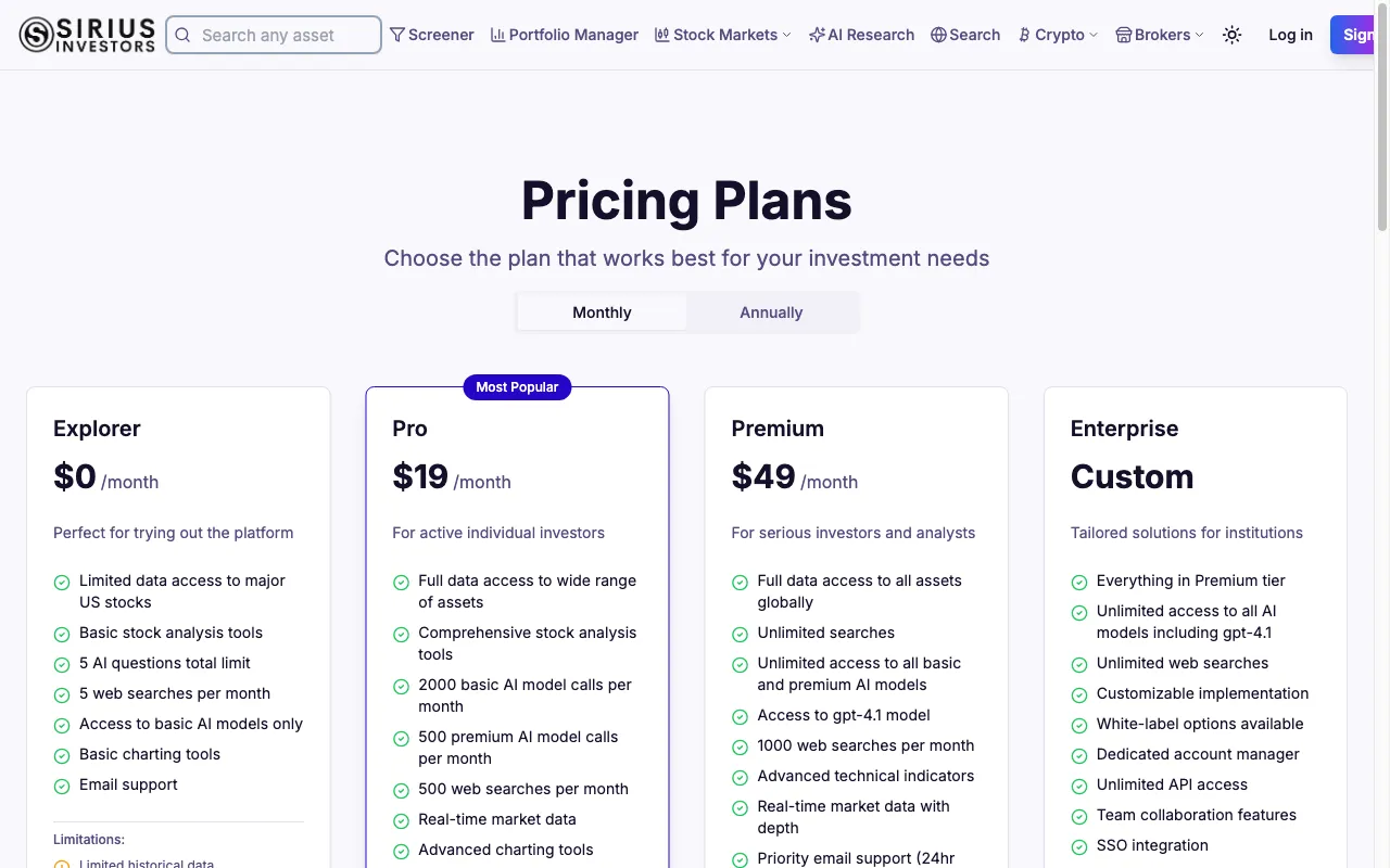 Sirius Investors — pricing page