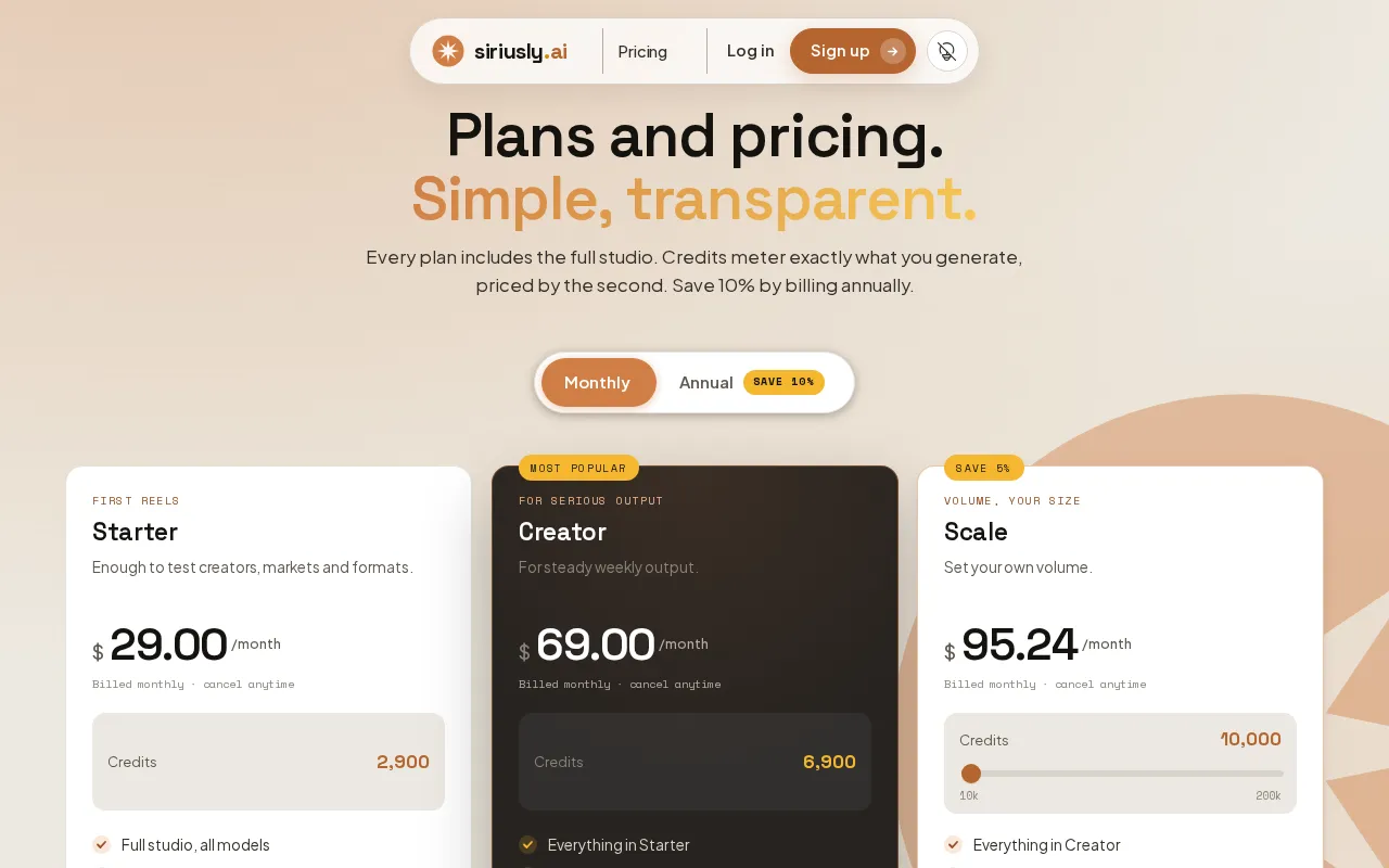 siriusly.ai — pricing page
