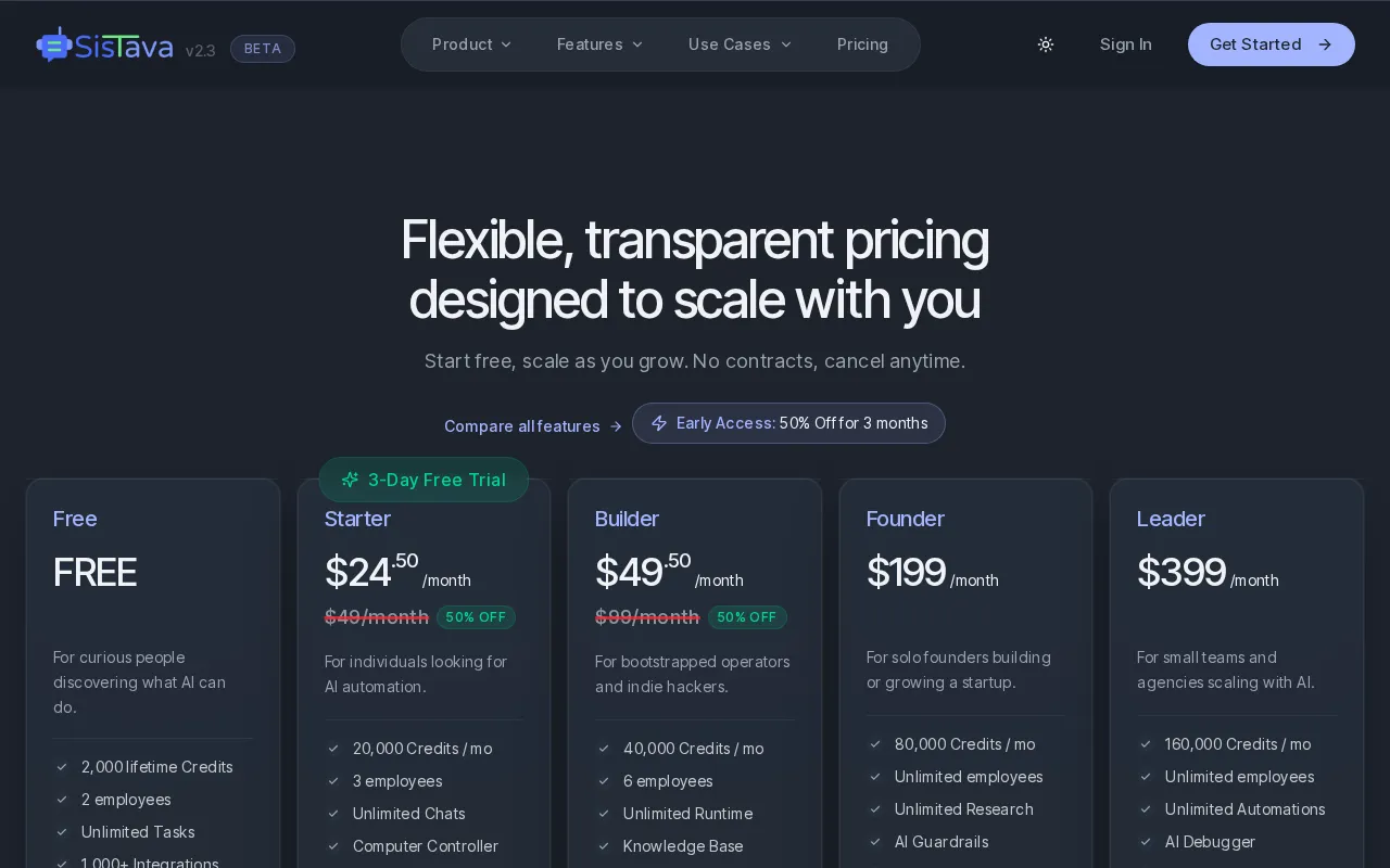 Sistava — pricing page