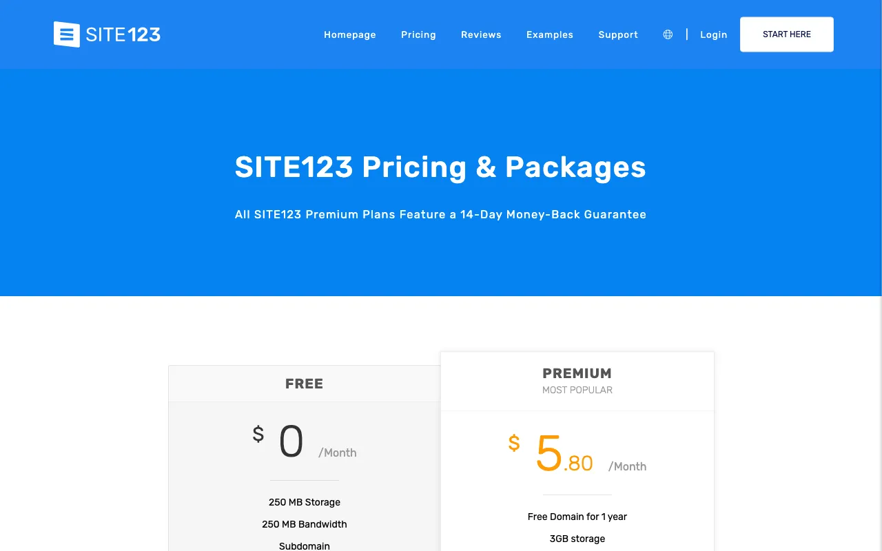 SITE123 — pricing page