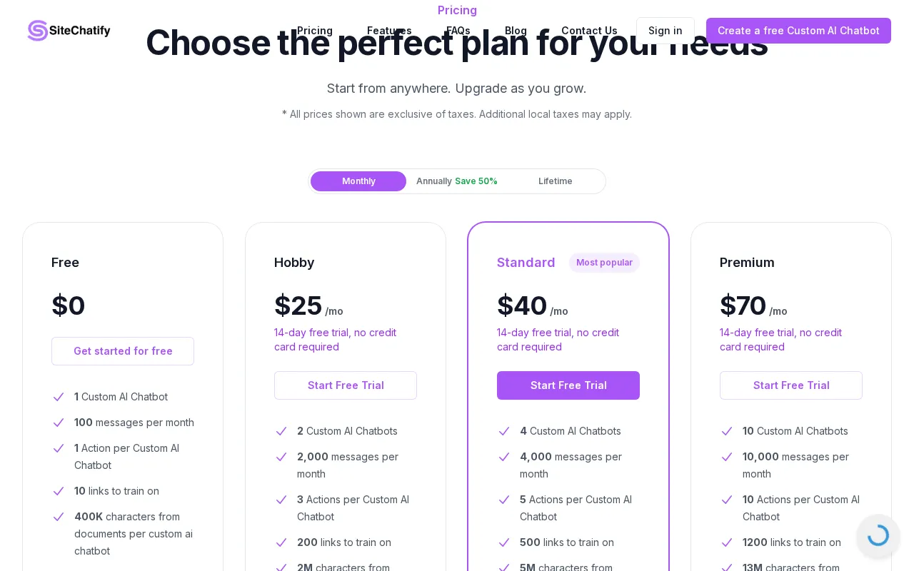 Sitechatify — pricing page