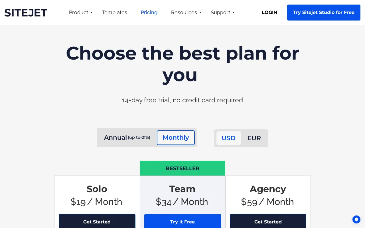 Sitejet — pricing page