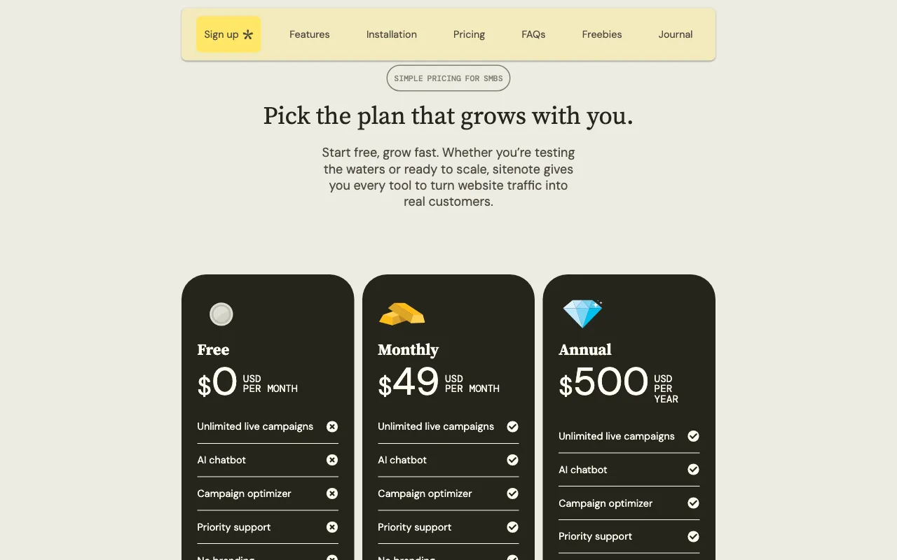 sitenote — pricing page