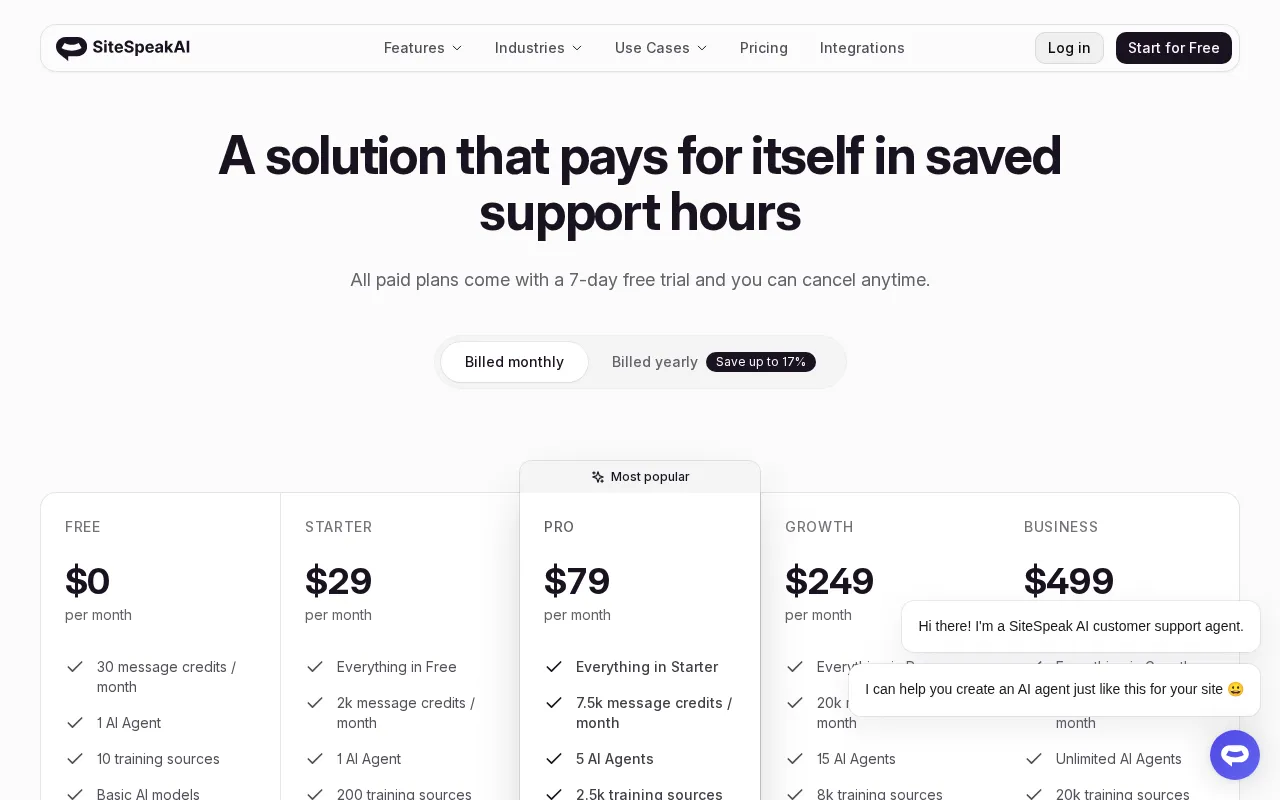 SiteSpeakAI — pricing page