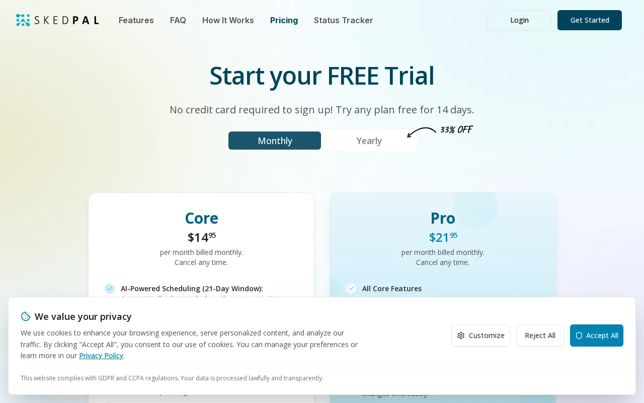 SkedPal — pricing page