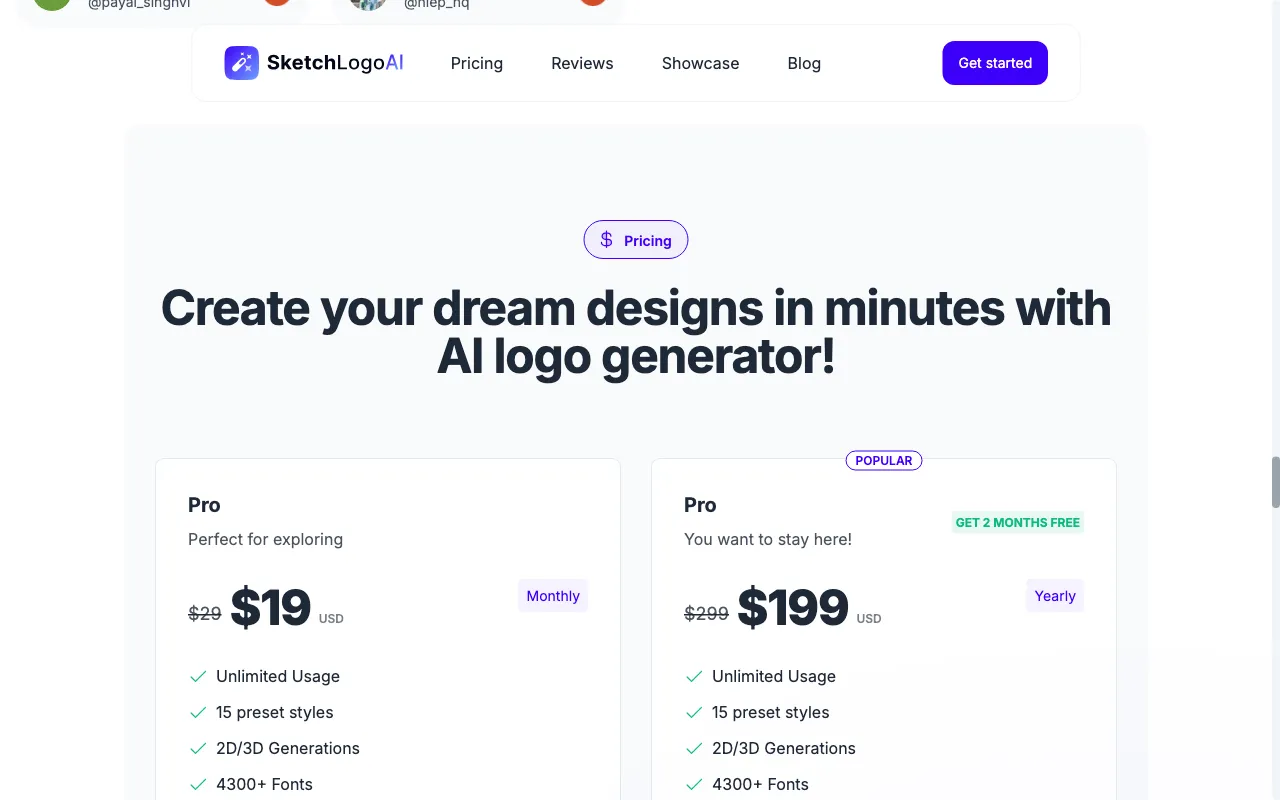 Sketch Logo AI — pricing page