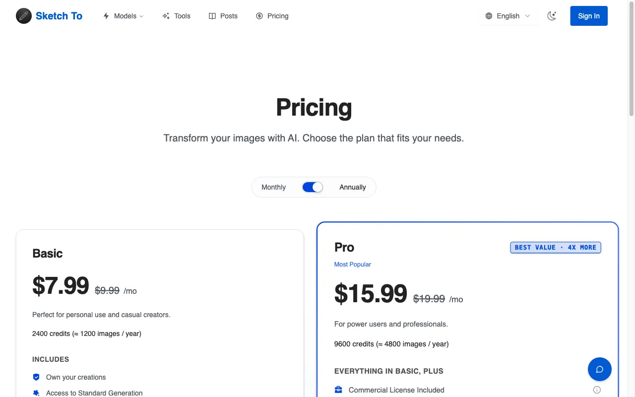 Sketch To — pricing page