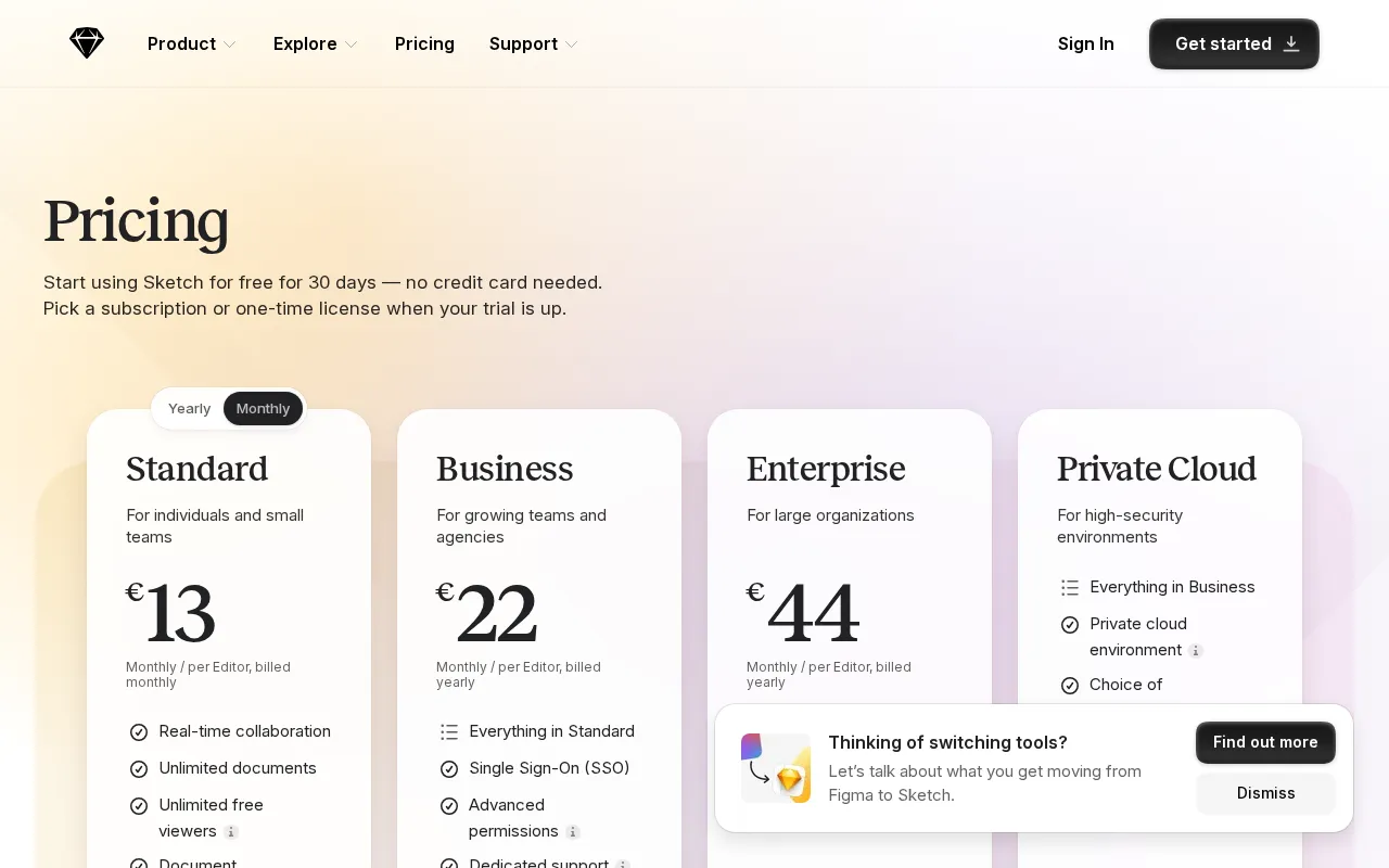 Sketch — pricing page