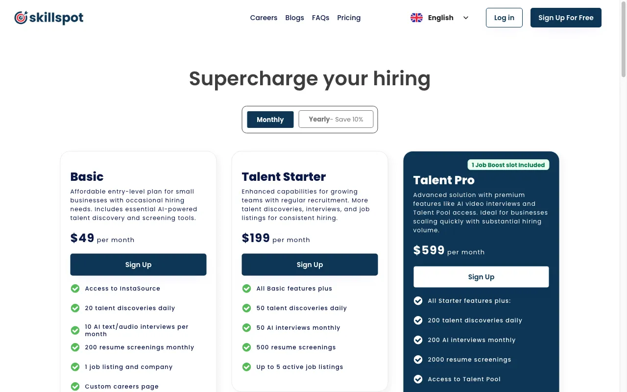SkillSpot.ai — pricing page