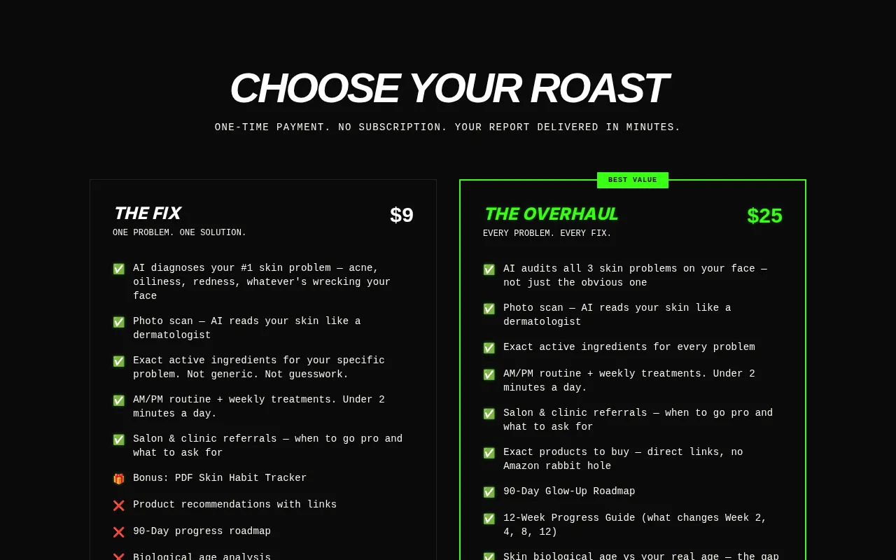 Skin Roast Lab — pricing page
