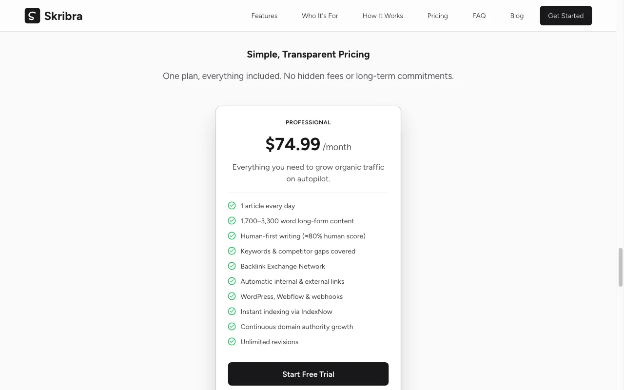Skribra — pricing page