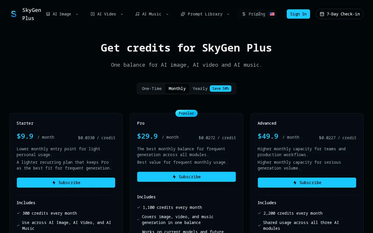 SkyGen Plus — pricing page