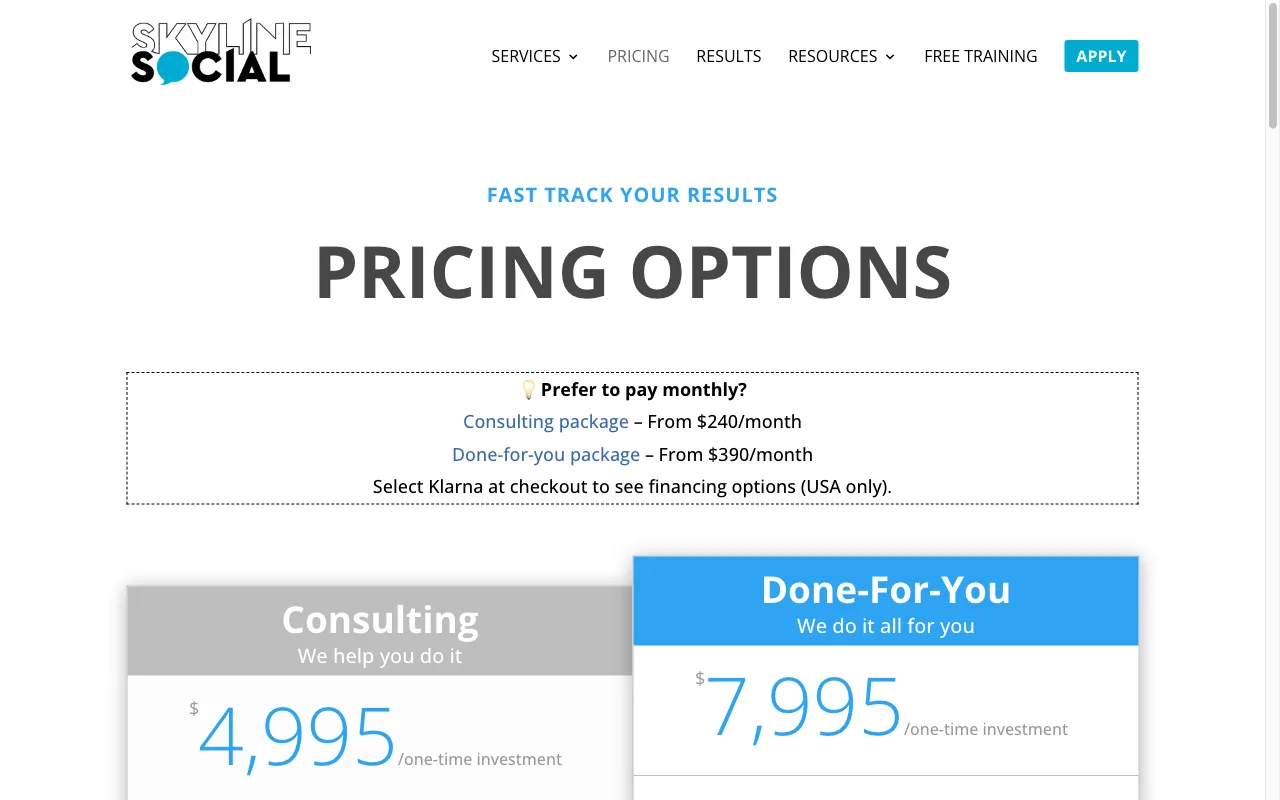 Skyline Social's AI Marketing Assistant — pricing page