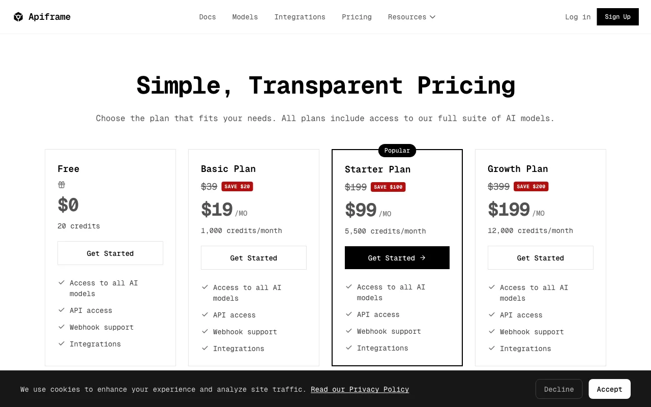 Apiframe — pricing page