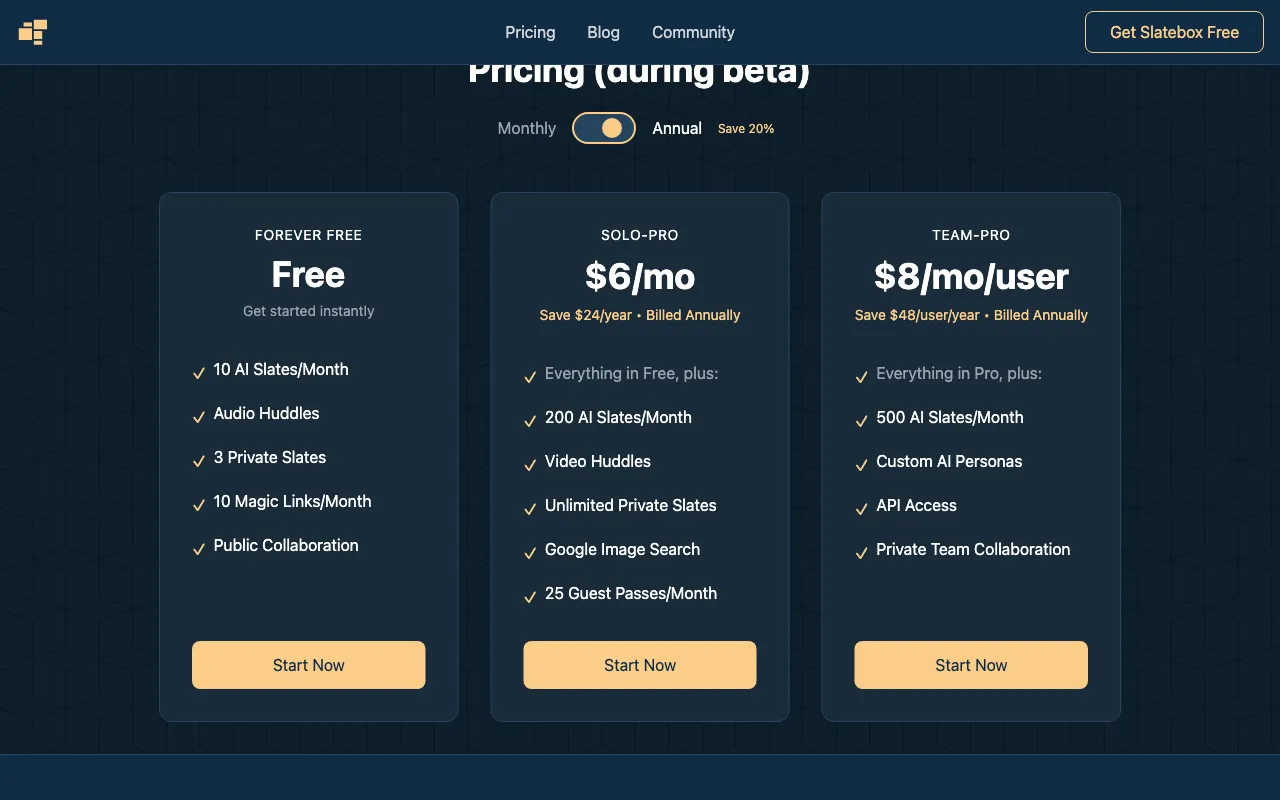 Slatebox — pricing page