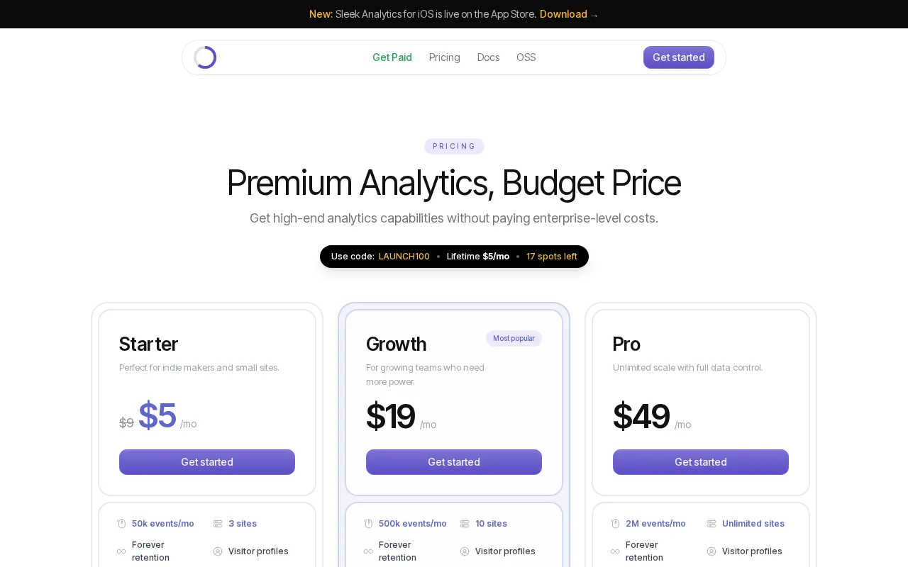 Sleek Analytics — pricing page