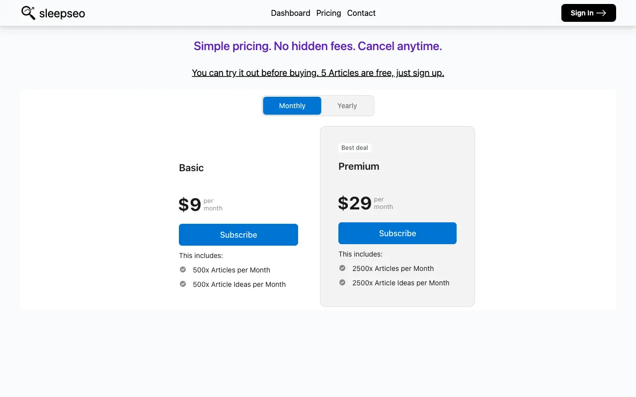 SleepSeo — pricing page