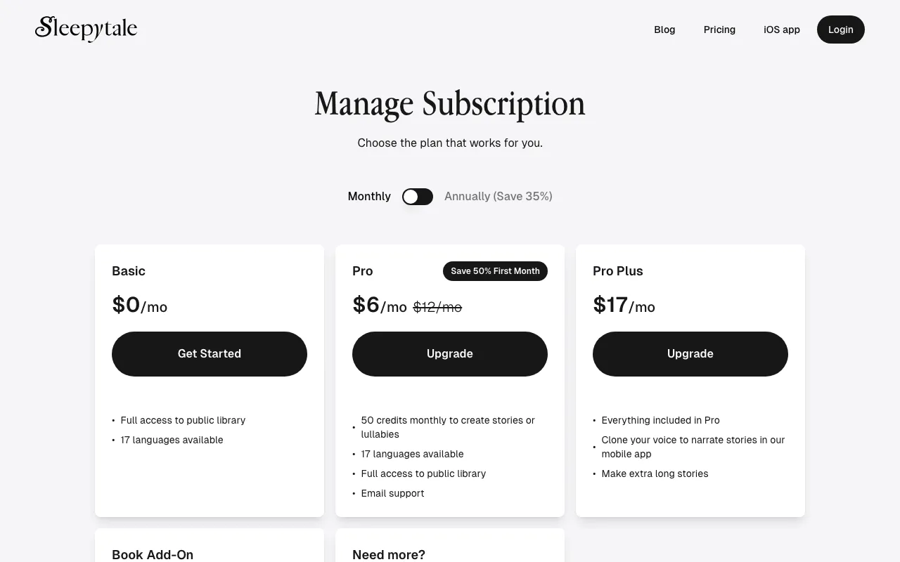 Sleepytales — pricing page
