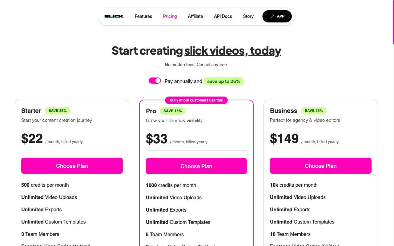 Slick — pricing page
