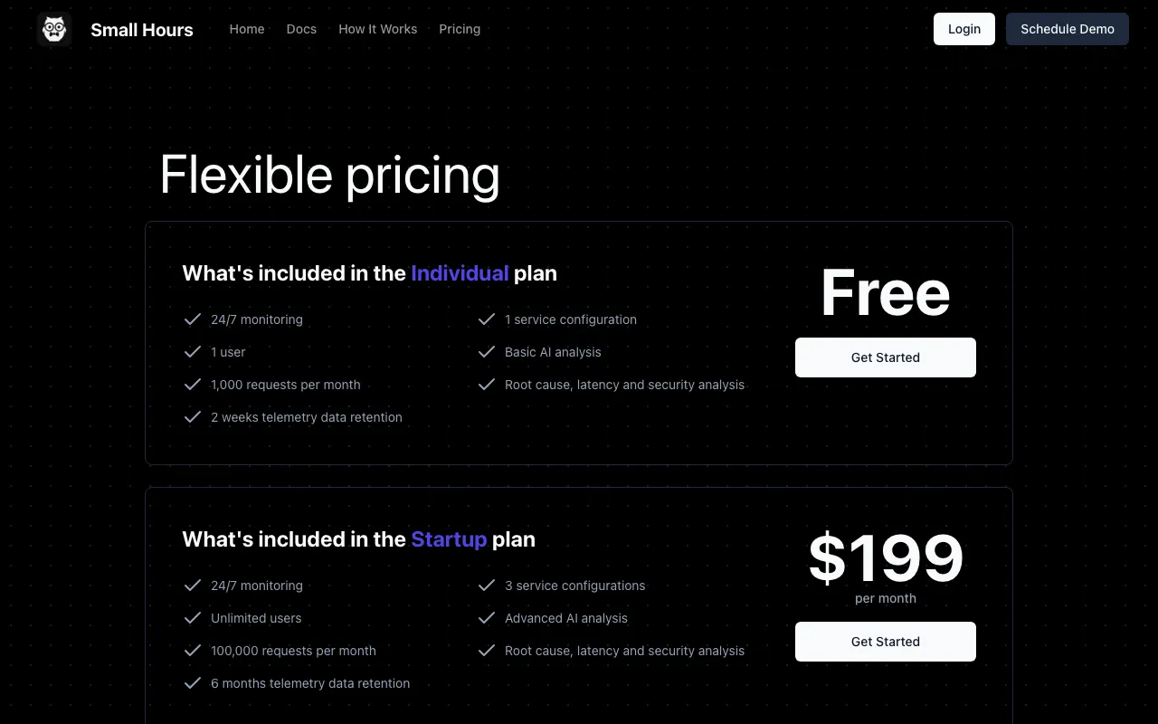 Small Hours — pricing page