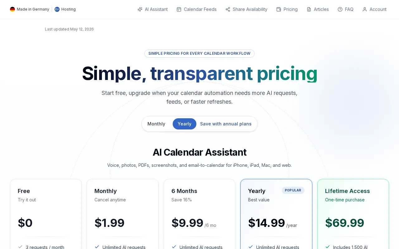 Smart Calendars AI — pricing page