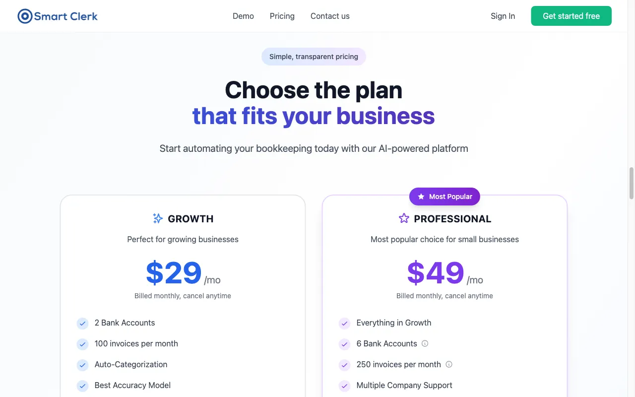 Smart Clerk — pricing page