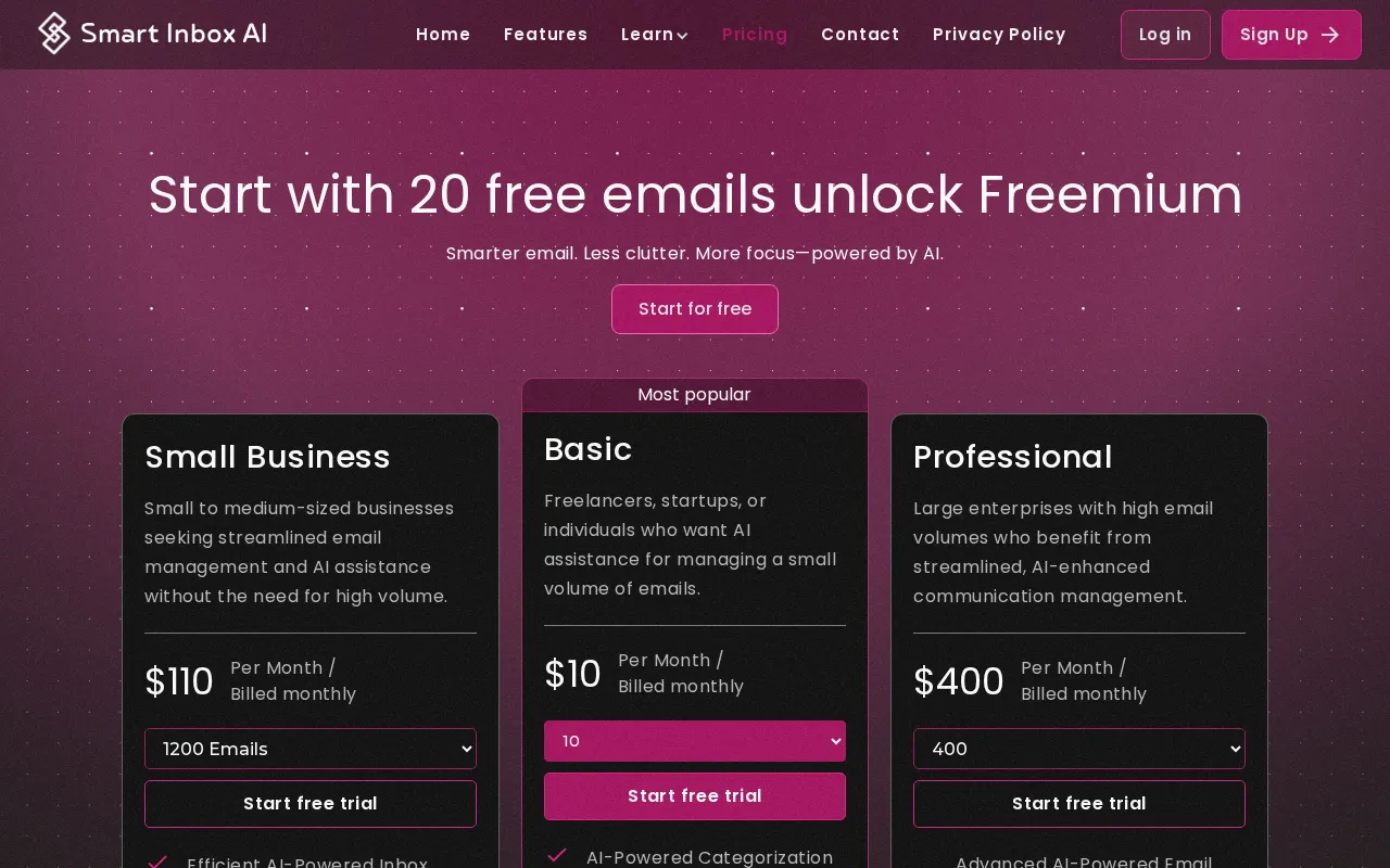 Smart Inbox AI — pricing page