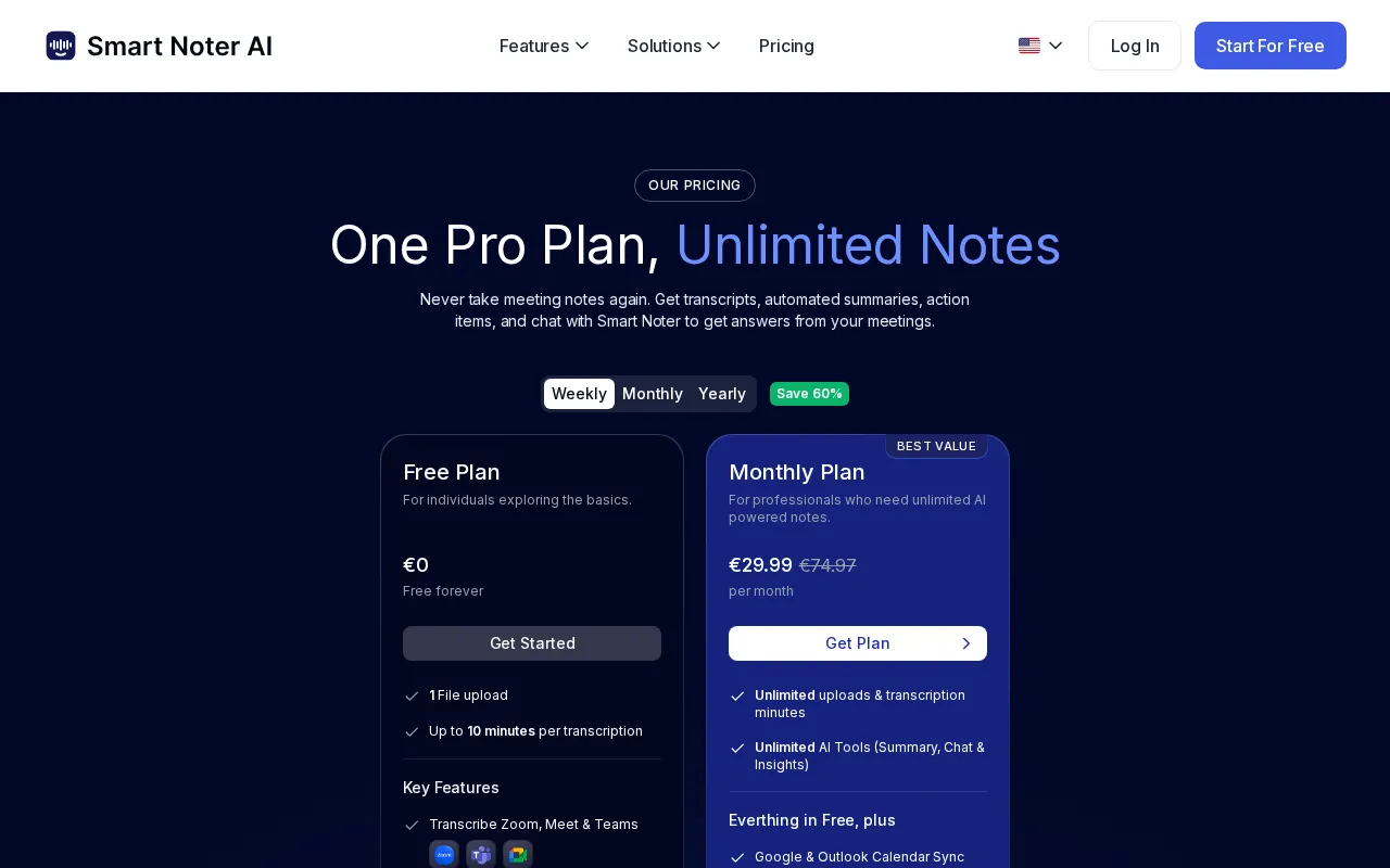 Smart Noter — pricing page