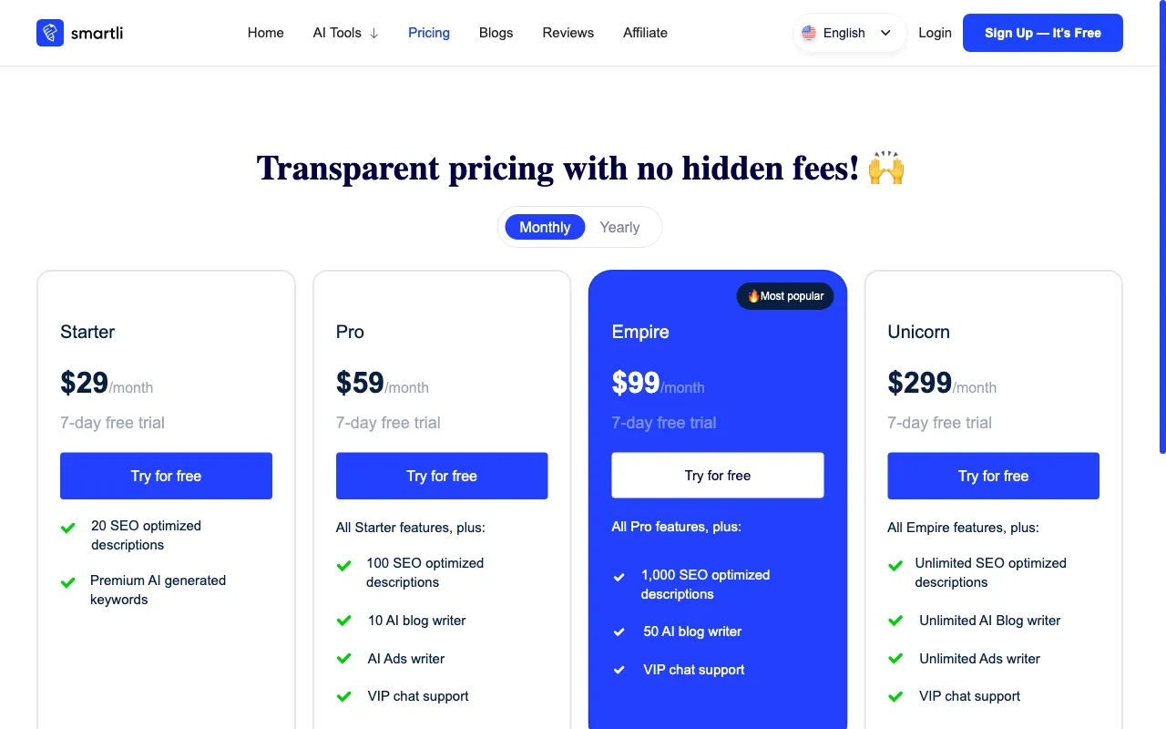 Smartli — pricing page