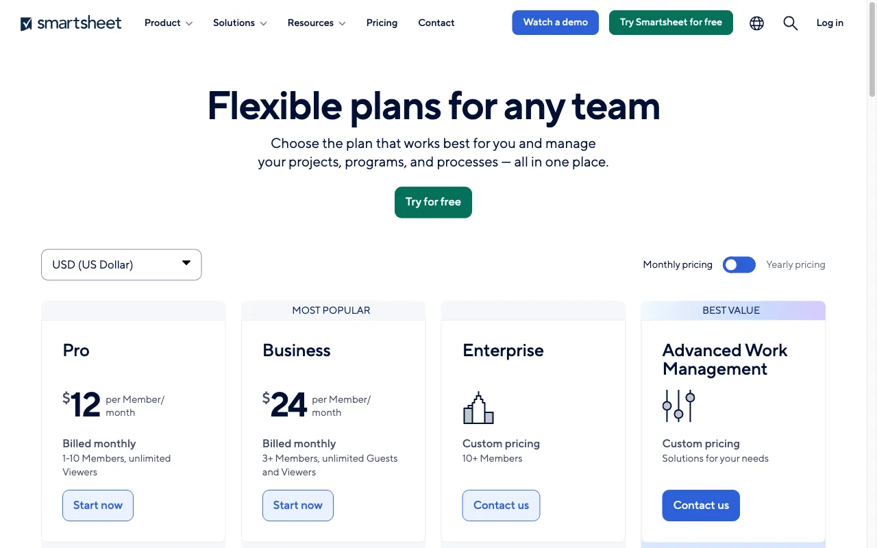 Smartsheet — pricing page