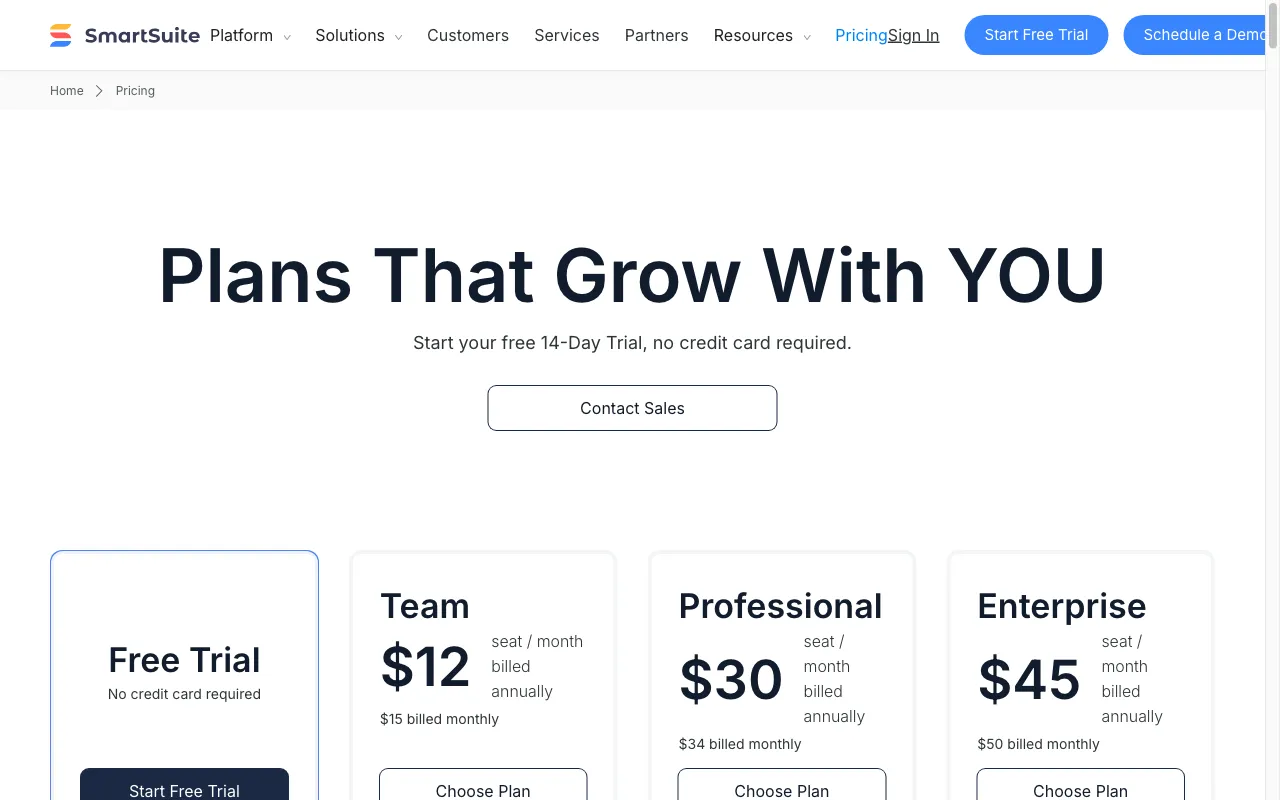 SmartSuite — pricing page