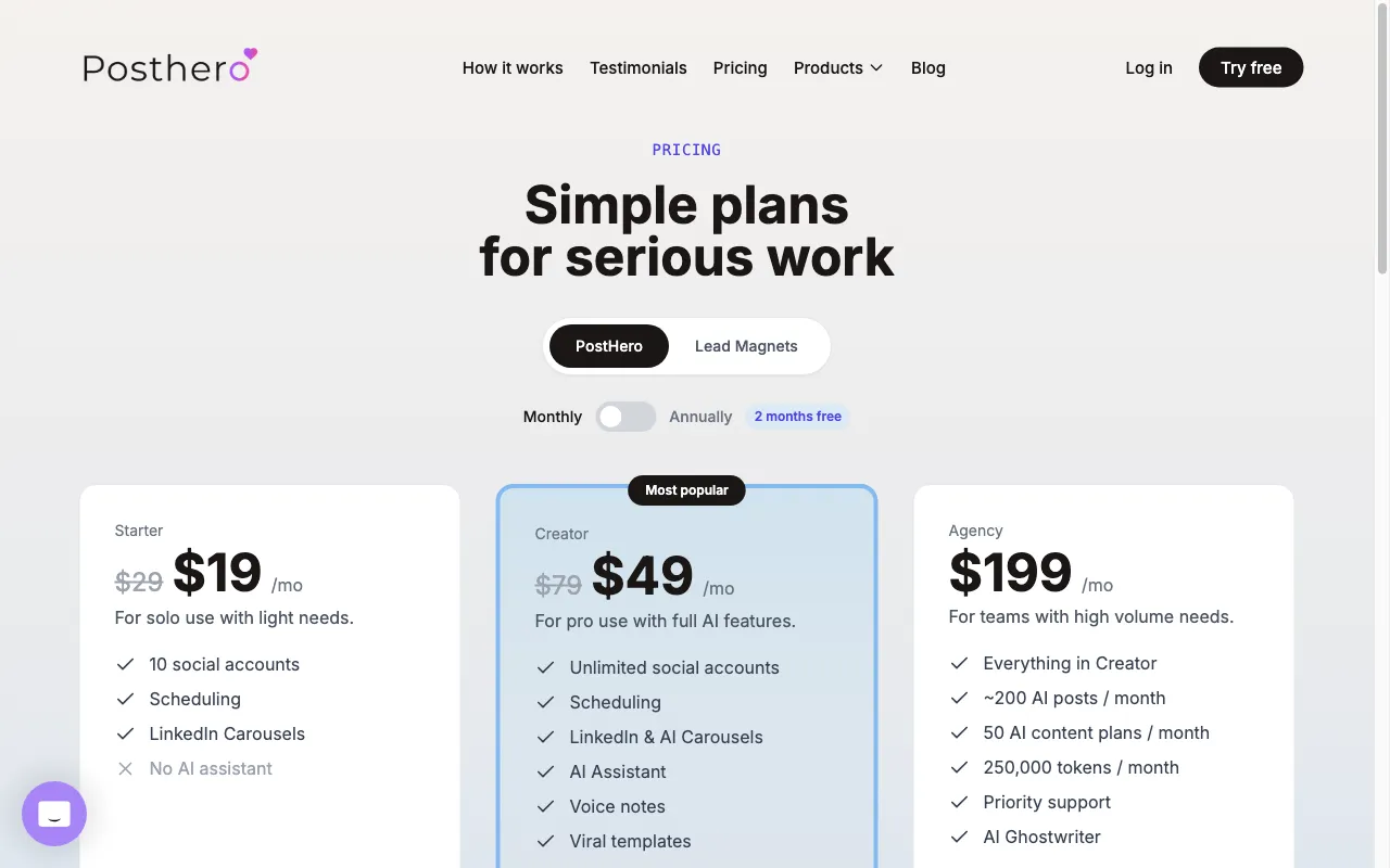 PostHero — pricing page
