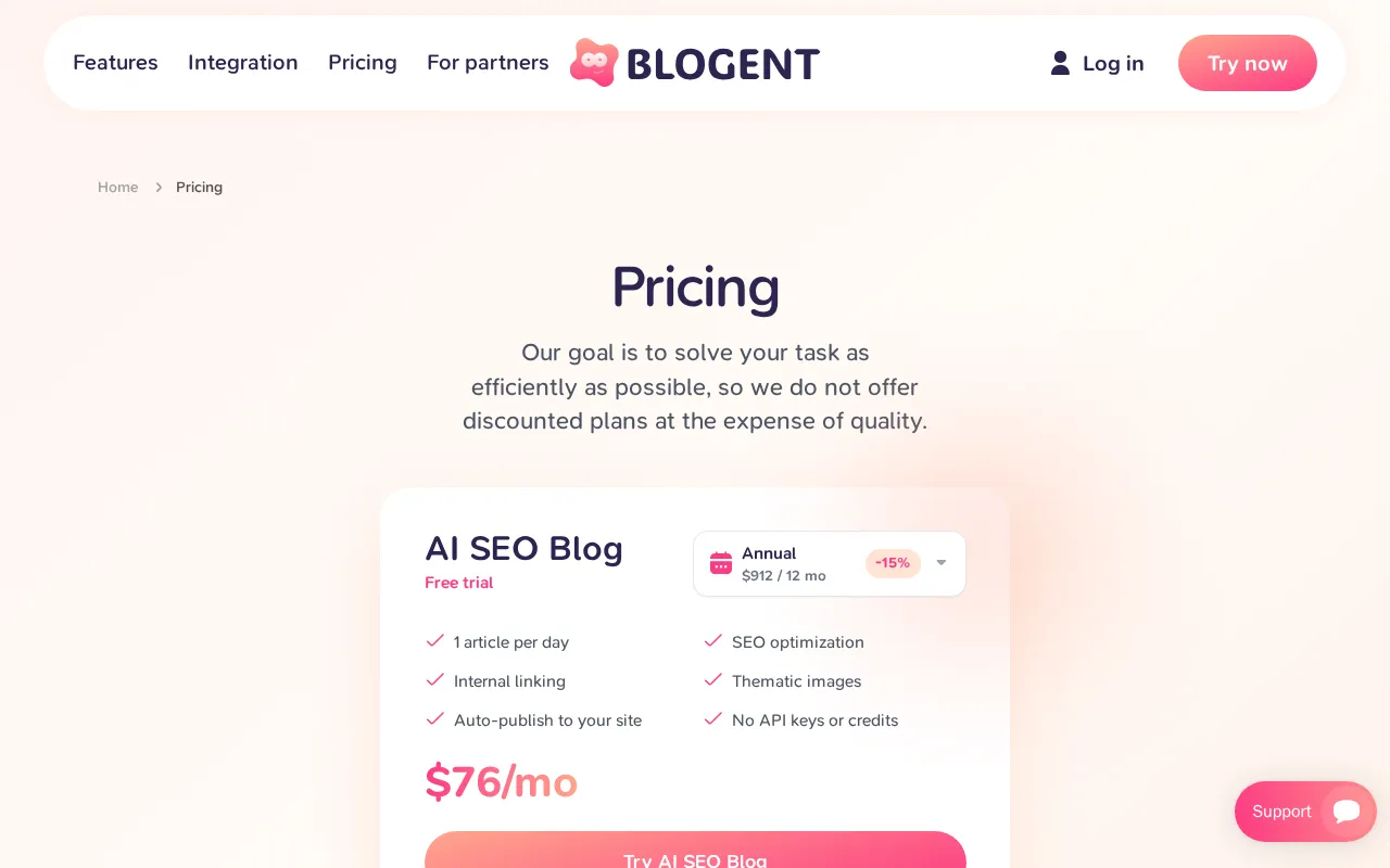 Blogent — pricing page