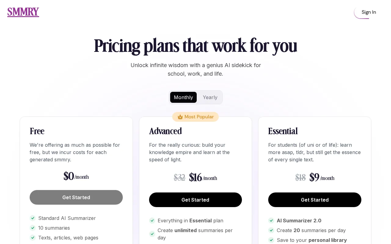 Smmry — pricing page