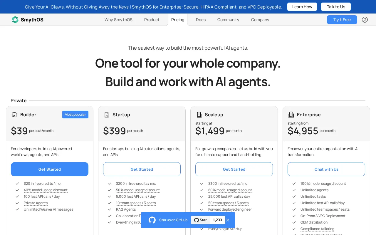 SmythOS — pricing page