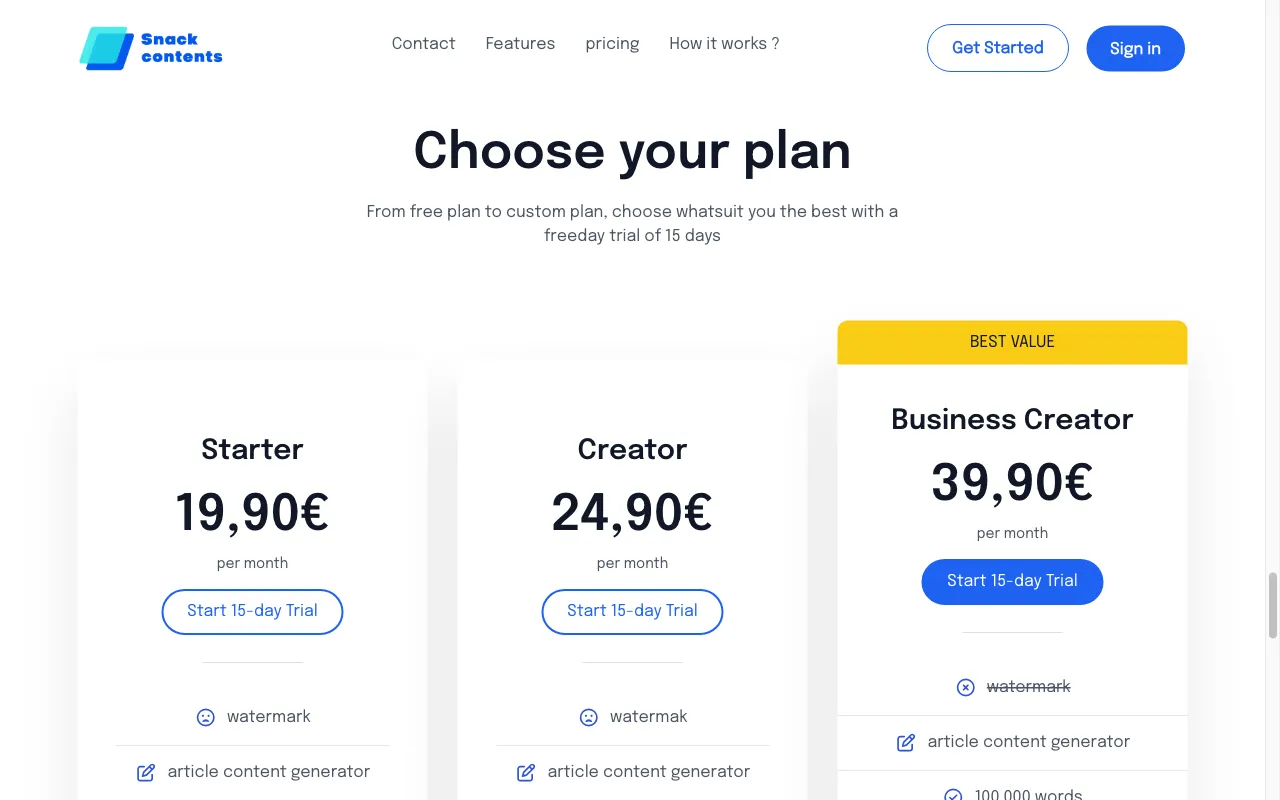 SnackContents — pricing page