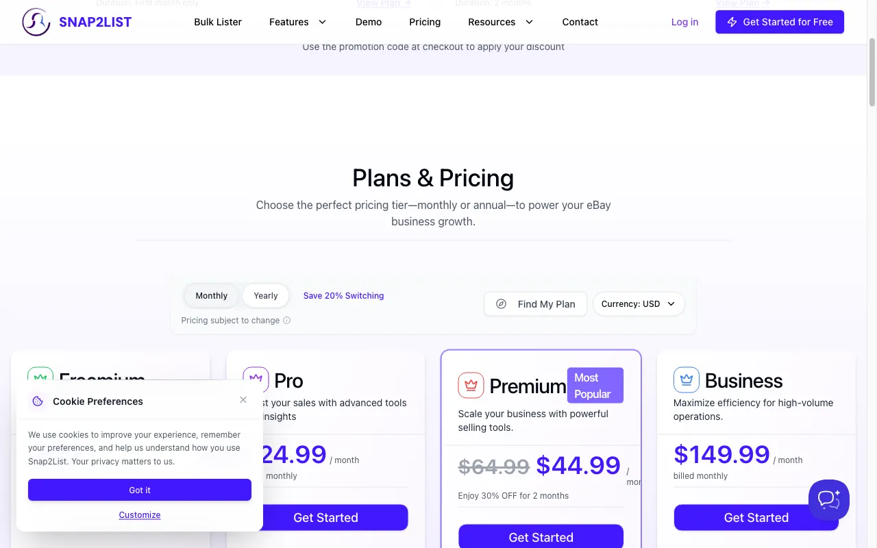 Snap2List — pricing page