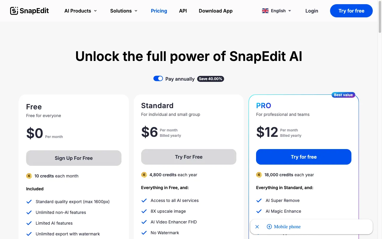 SnapEdit — pricing page