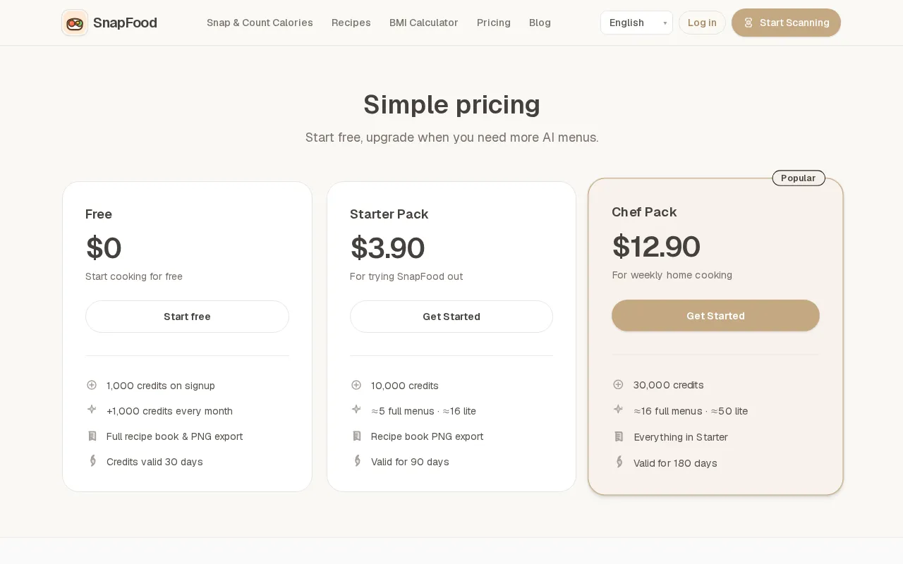 SnapFood — pricing page