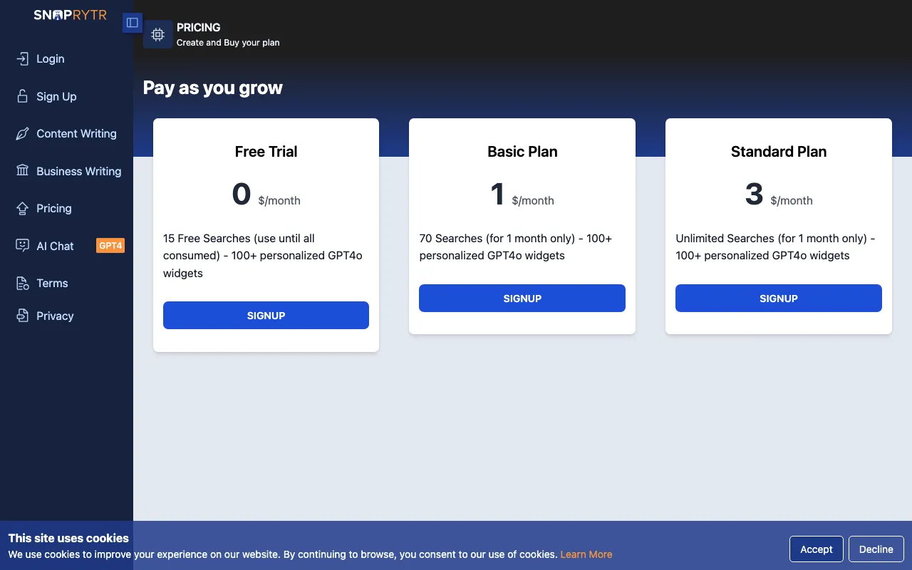 SnapRytr — pricing page