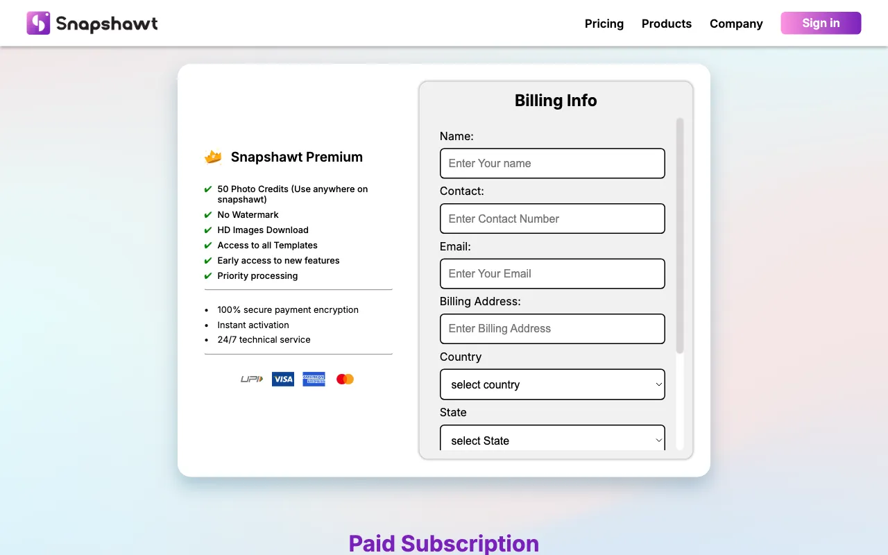 Snapshawt — pricing page