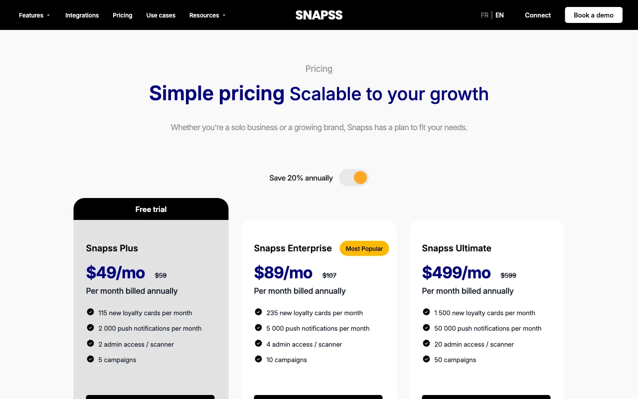Snapss — pricing page
