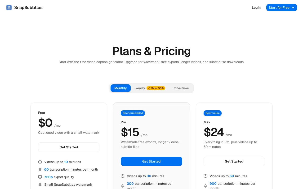 SnapSubtitles — pricing page