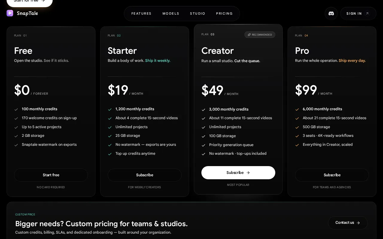 Snaptale — pricing page