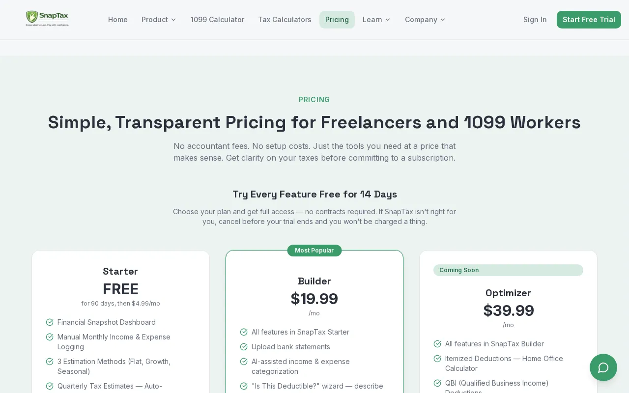 SnapTax — pricing page