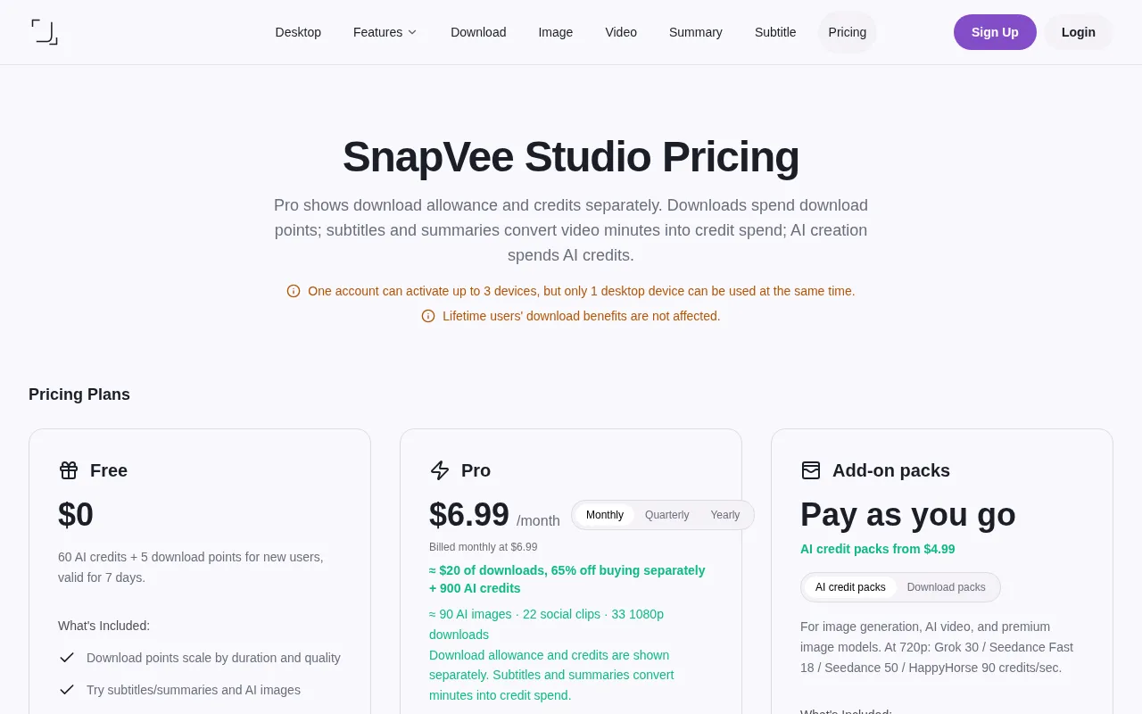 SnapVee Studio — pricing page