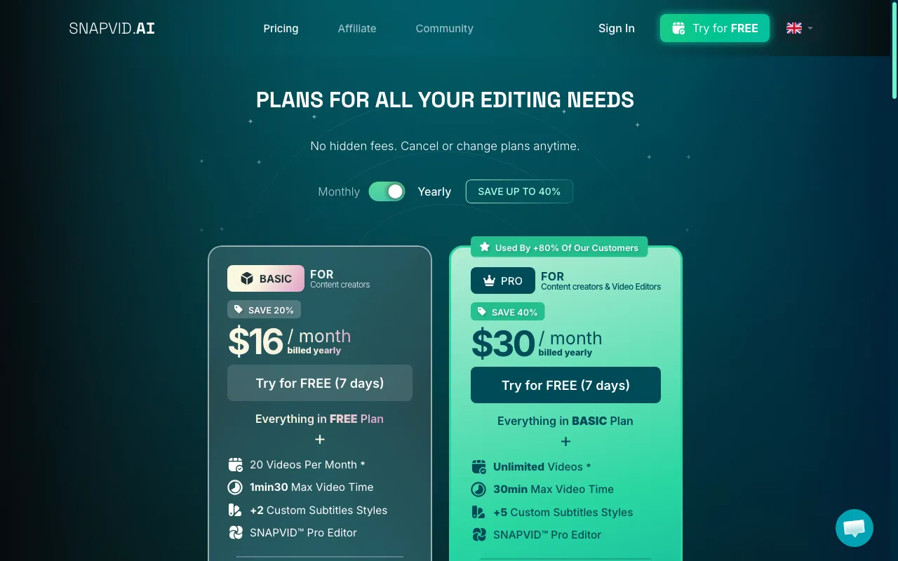 SNAPVID — pricing page