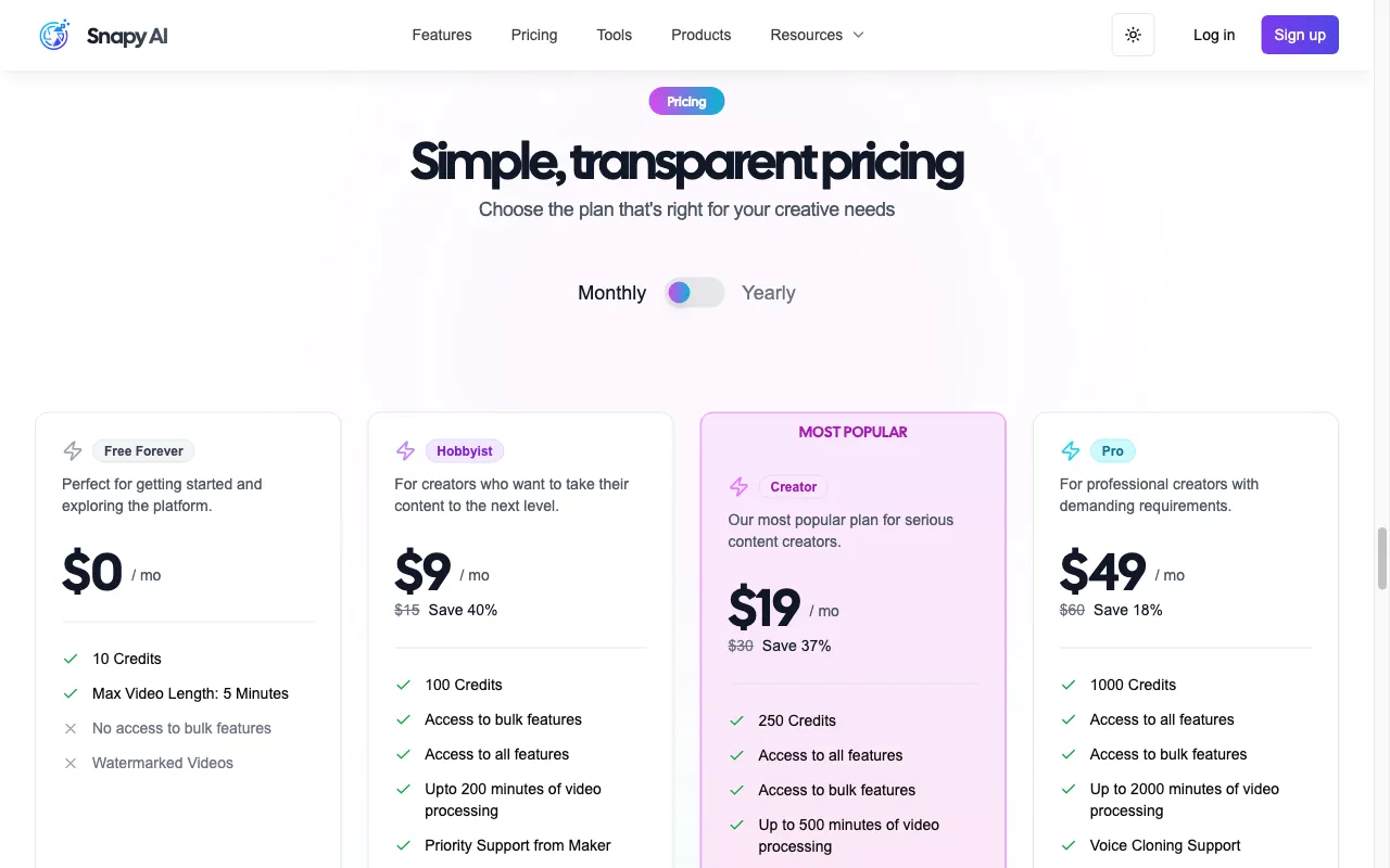 Snapy.ai — pricing page